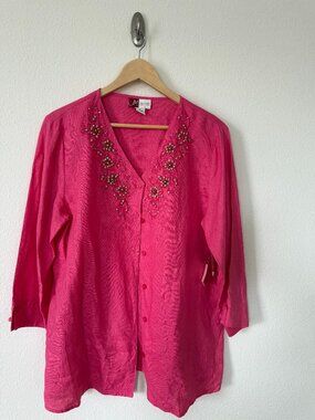 JM Collection Linen Beaded Blouse Pink Sz 12 Embroidered Lightweight Resort Top
